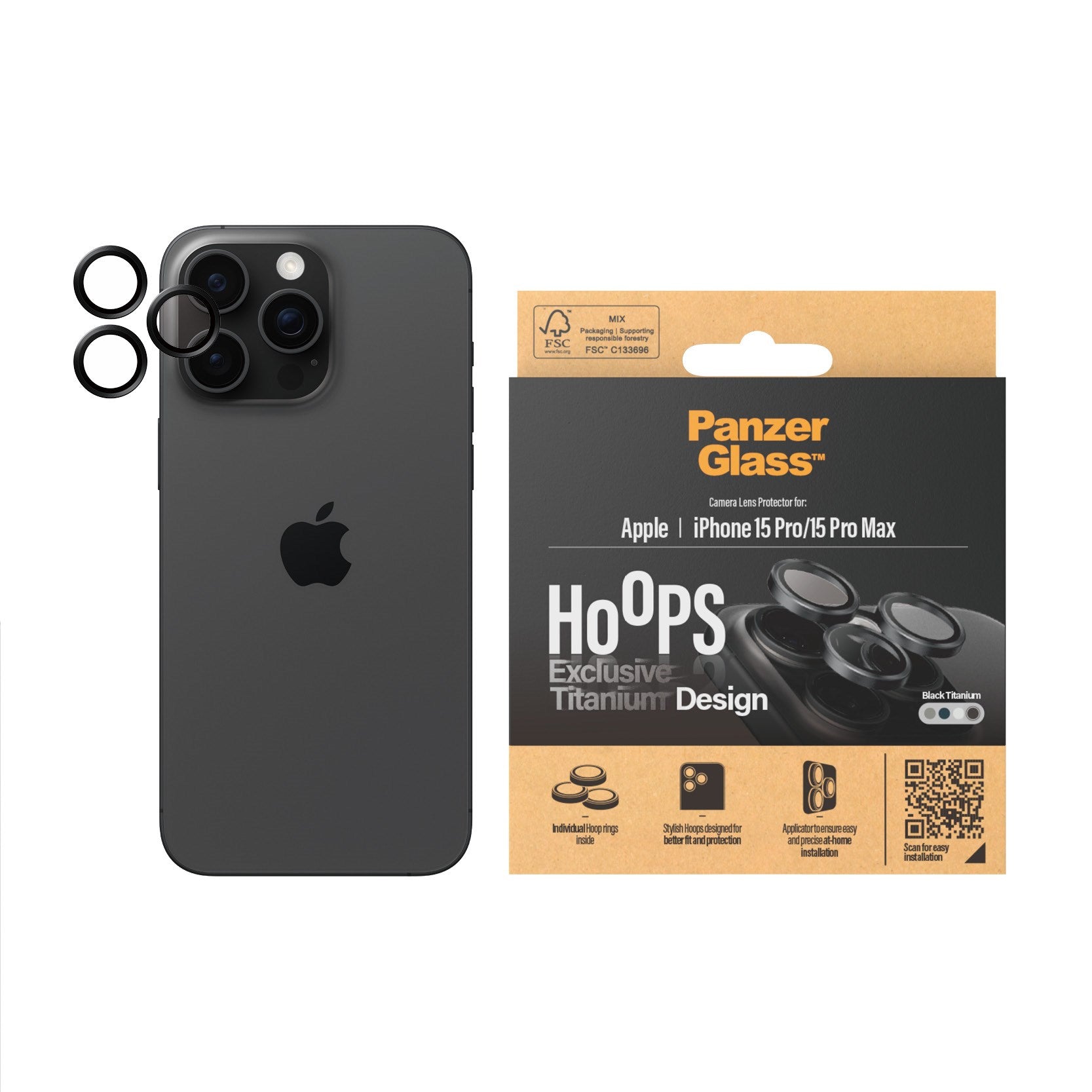 PanzerGlass® Hoops® Black Titanium Camera Lens Protector iPhone 15 Pro | 15 Pro Max